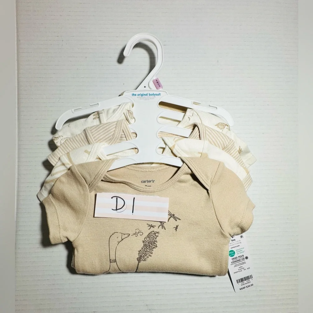 Carters Bodysuits 4 Piece Gender Neutral Colors Size‎ 9M Ducks Stripes Tan Beige